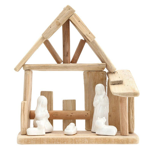 Ceramic And Driftwood Nativity