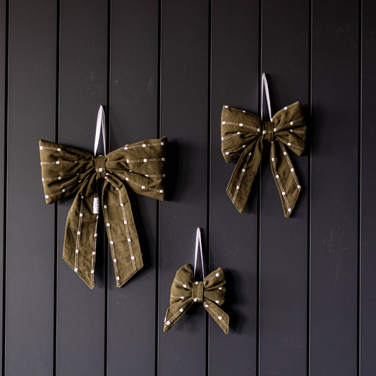 Dotted Stripe Fabric Bow (Olive Green & White)
