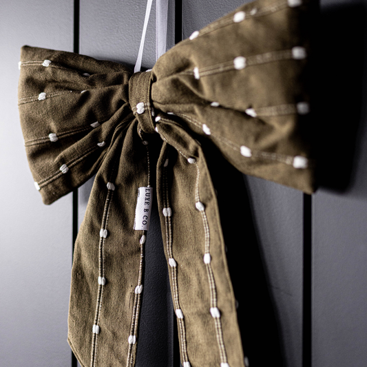 Dotted Stripe Fabric Bow (Olive Green & White)