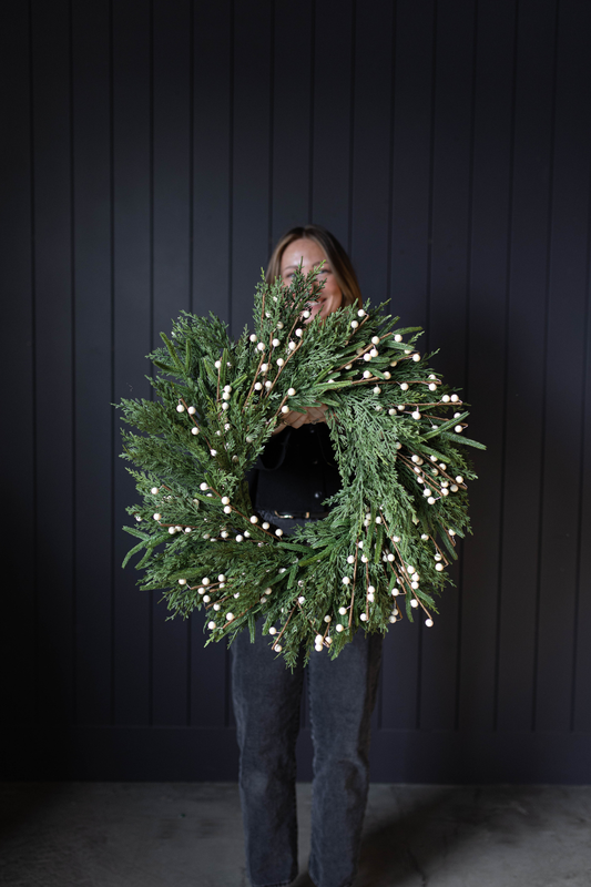 White Plum Berry Norfolk Cypress Wreath (24")