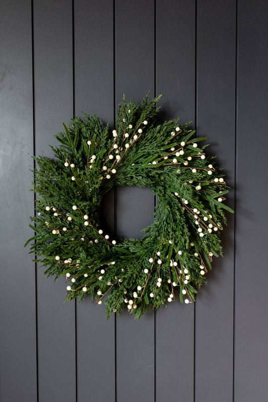 White Plum Berry Norfolk Cypress Wreath (24")