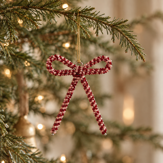 Glass Beaded Metal Bow Ornament, Pink &amp; Red