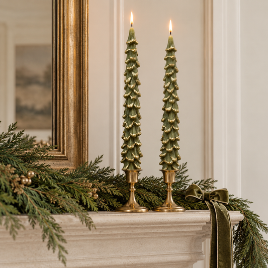 Tree Shaped Taper Candles w/ Gold Tips-Evergreen Color