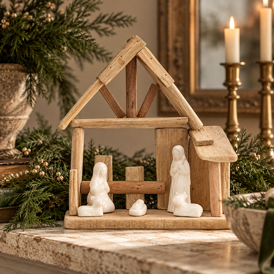 Ceramic And Driftwood Nativity