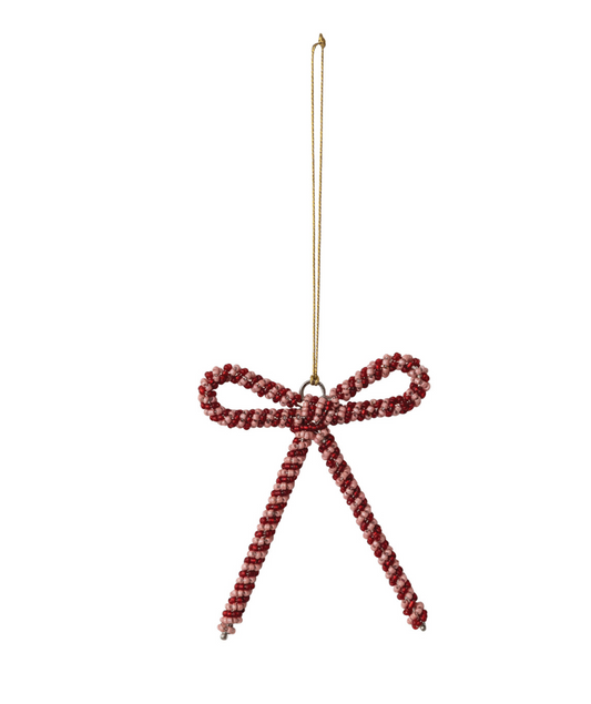 Glass Beaded Metal Bow Ornament, Pink &amp; Red
