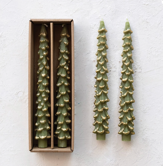 Tree Shaped Taper Candles w/ Gold Tips-Evergreen Color