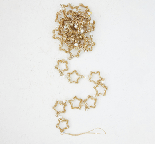 Metal & Glass Beaded Star Garland with Faux Pearls, Gold Finish