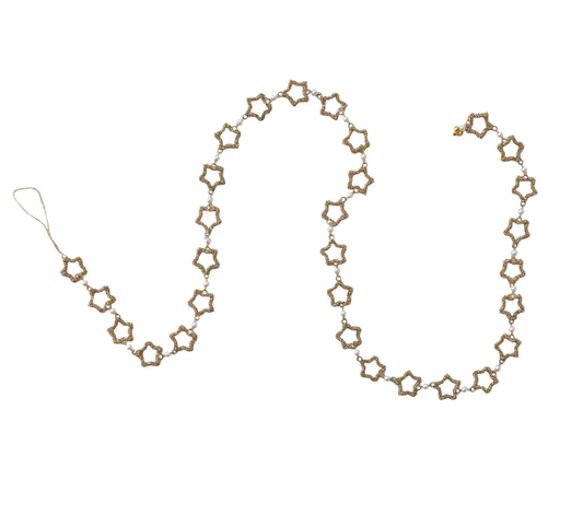 Metal & Glass Beaded Star Garland with Faux Pearls, Gold Finish